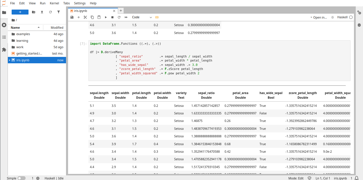 Screenshot of declaring many columns