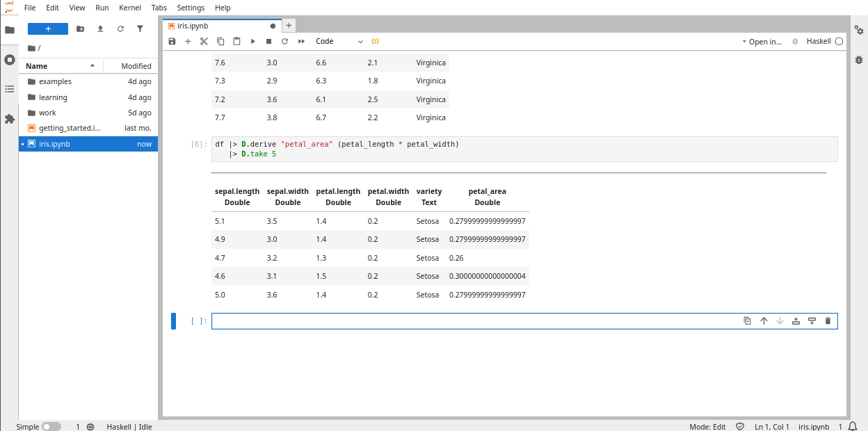 Screenshot of declaring a single column